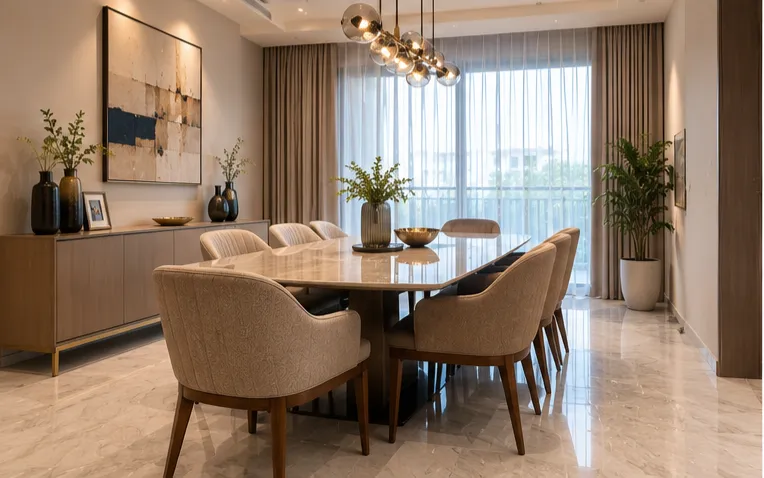 Angled view of a marble dining table and beige upholstered chairs reflecting natural light from large floor-to-ceiling windows with sheer curtains and solid drapes.