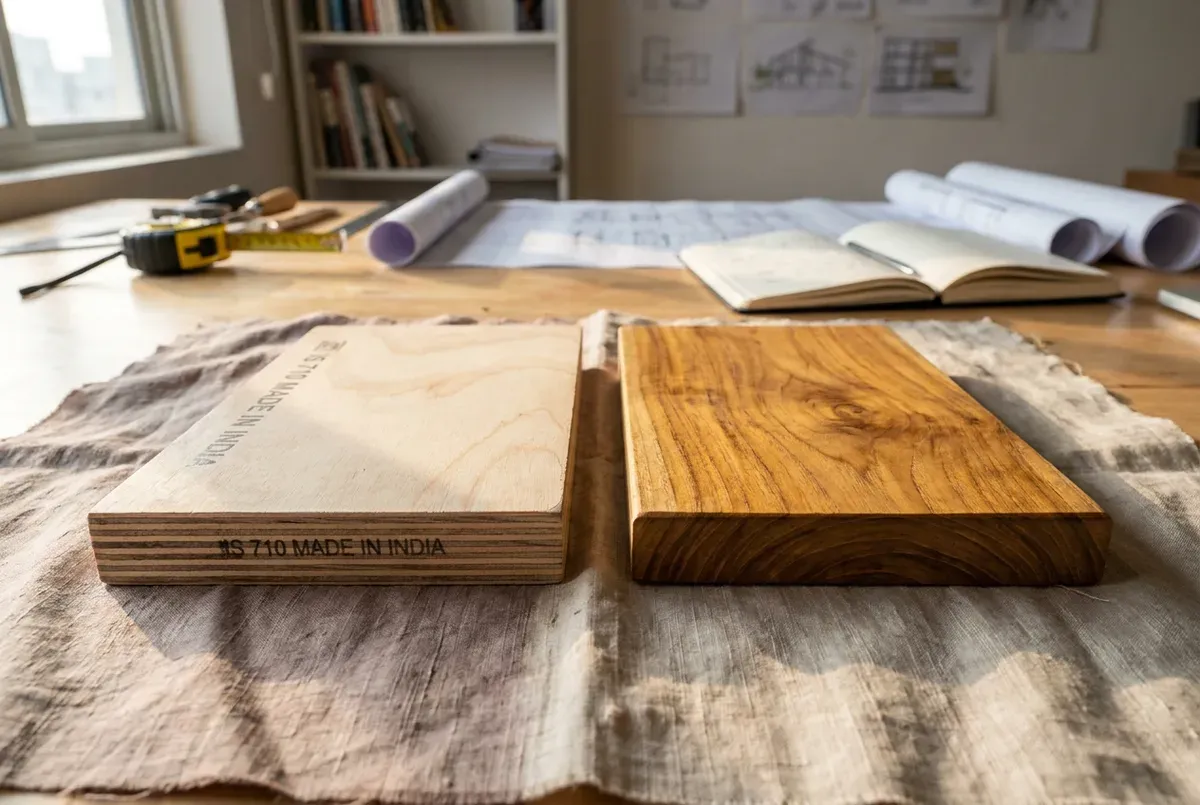 Close-up comparison of BWP marine plywood cross-section and solid teak wood grain.