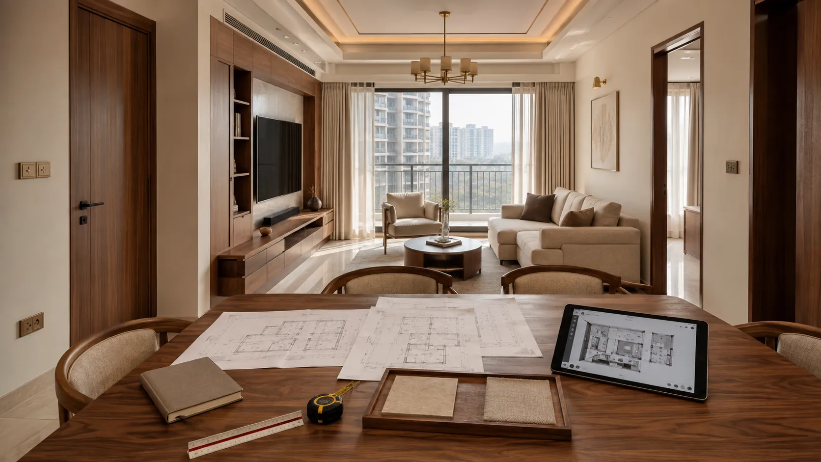 A wooden dining table displaying floor plans, material samples in a wooden tray, and a tablet showing a 3D room rendering, looking out toward a bright living room with a beige sofa, round coffee table, and large window with city views.