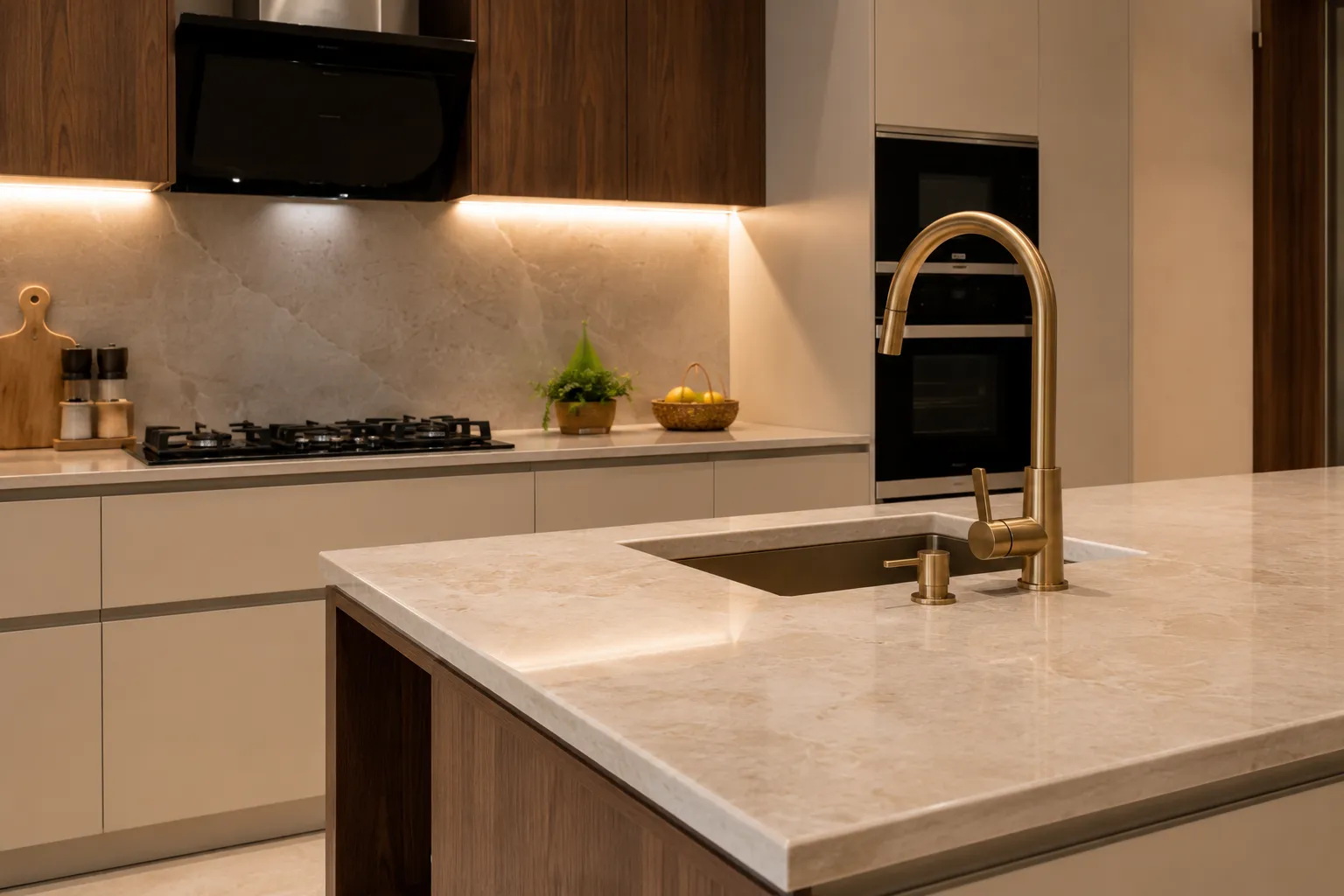 Close up of a kitchen island showing a brushed gold faucet and soap dispenser mounted on a light stone countertop with an undermount sink.