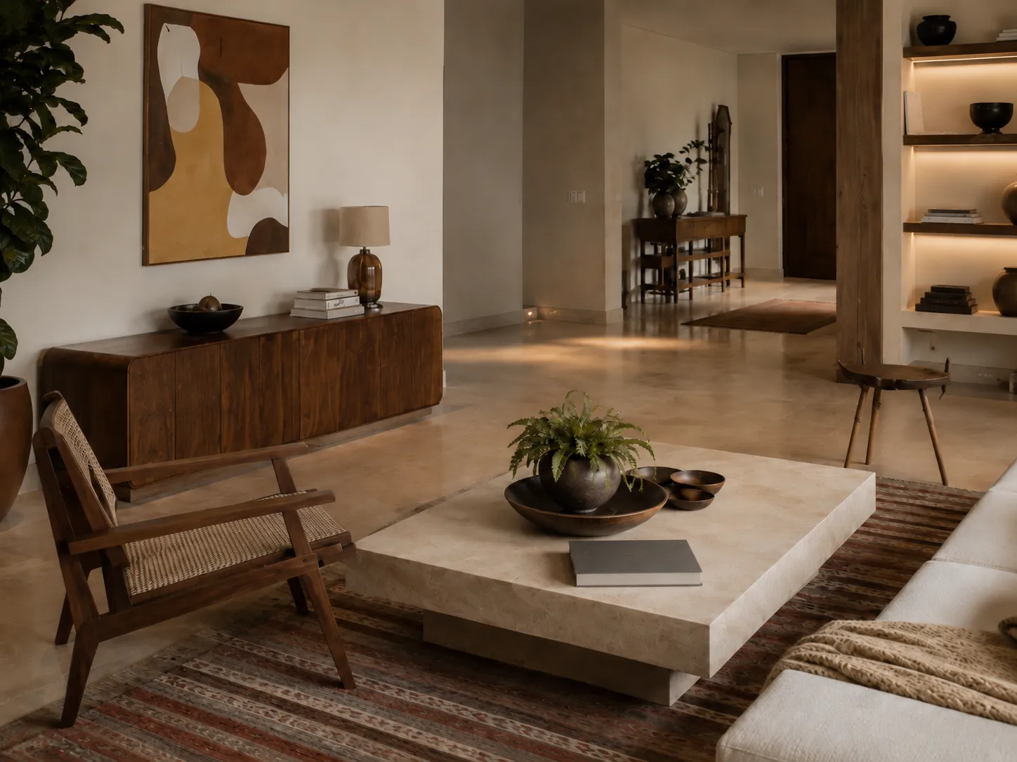 Spacious open-plan living room with a white sofa, patterned throw pillows, a large kilim rug, a cane chair, and illuminated built-in wall shelves displaying dark pottery.
