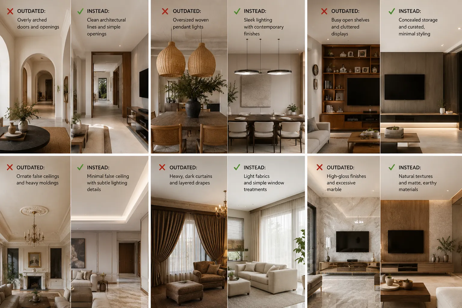 A six-part comparison chart showing outdated design trends like arches, woven pendants, busy shelves, ornate ceilings, heavy drapes, and glossy marble next to modern alternatives like clean lines, sleek lighting, hidden storage, minimal ceilings, light fabrics, and matte textures.