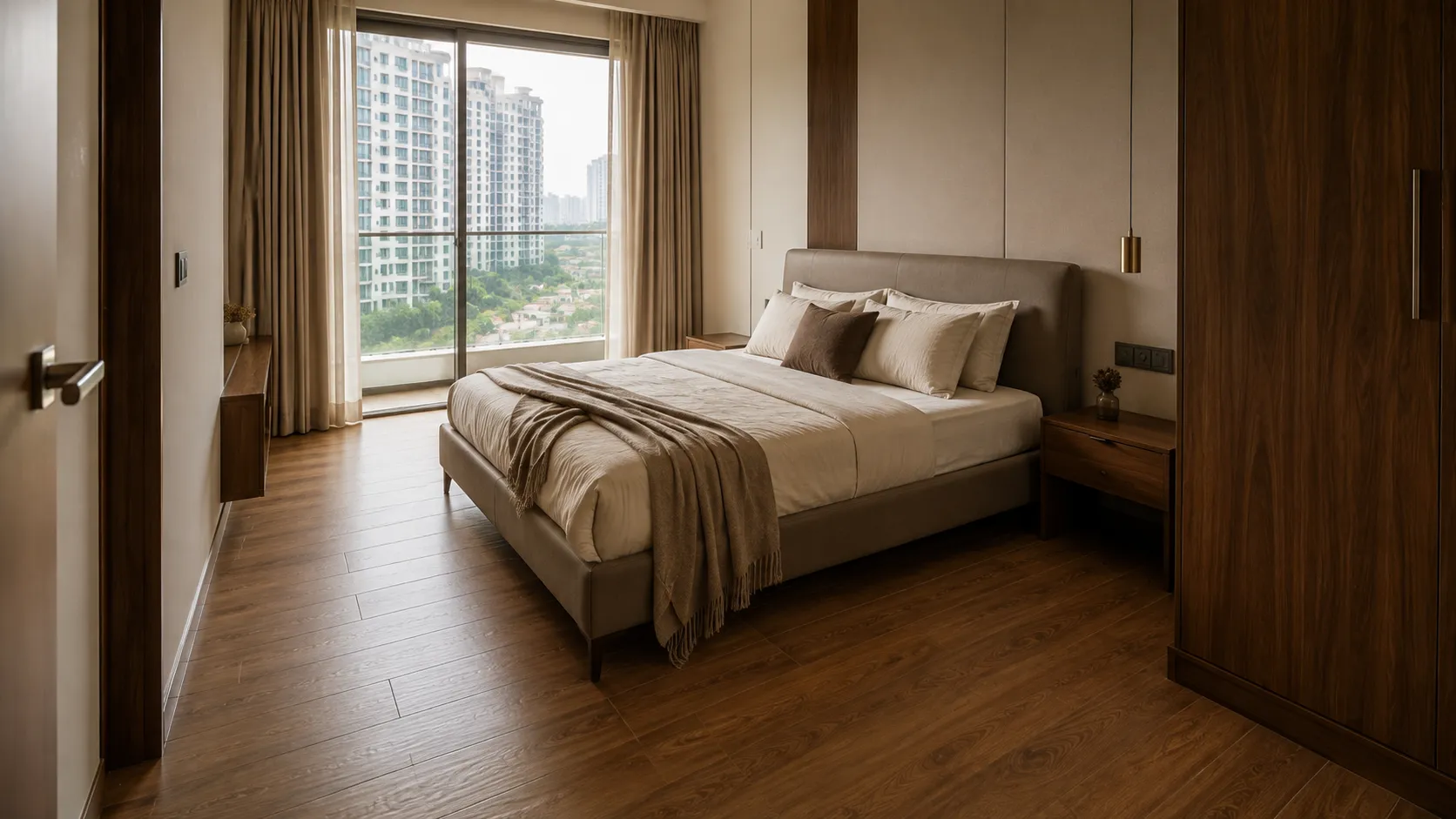 Modern bedroom featuring warm wooden plank flooring, a taupe upholstered bed, and dark wood wardrobes.