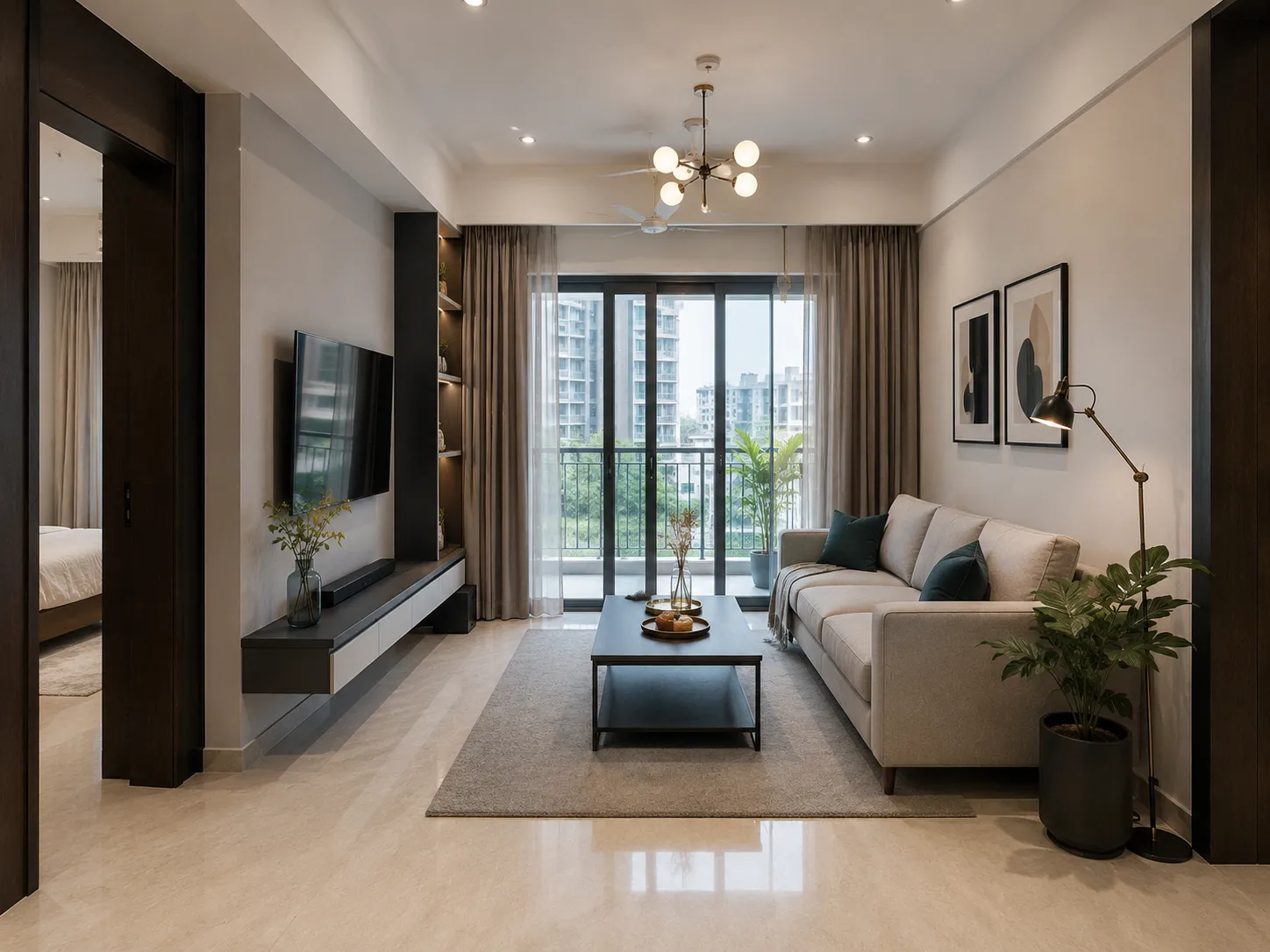 A modern living room featuring a grey sofa, floating TV unit, brass globe chandelier, and sliding glass doors leading to a balcony.