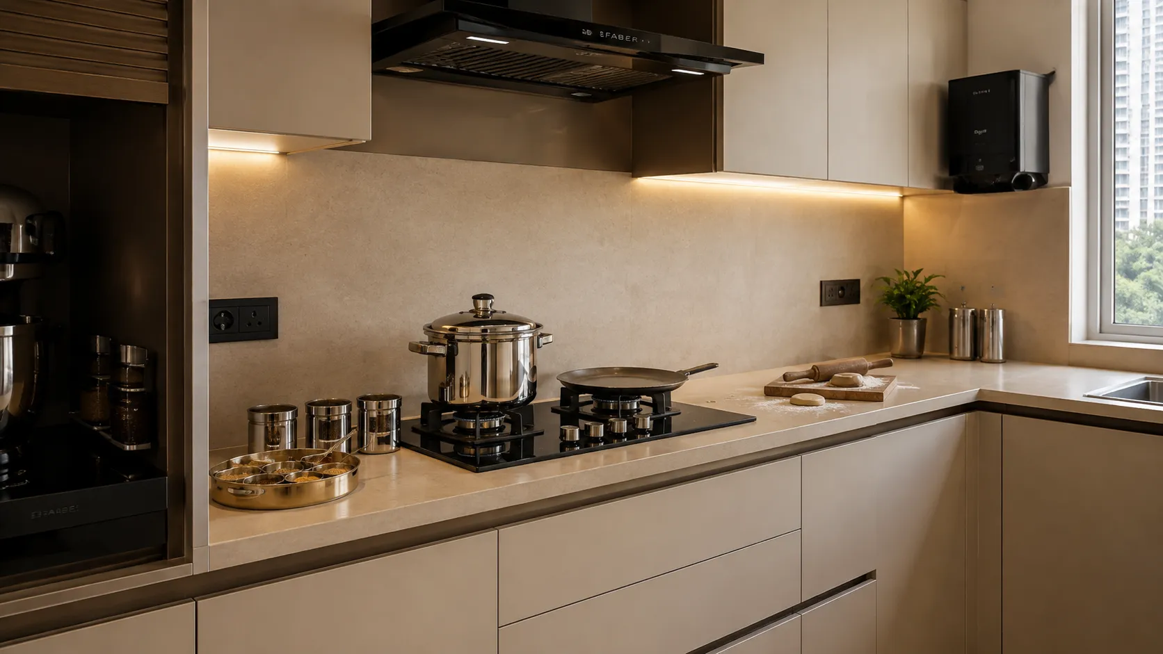 Close-up of a handle-less kitchen counter showing under-cabinet warm LED lighting, a black glass gas hob, stainless steel cookware, and dough on a rolling board against a beige stone backsplash.
