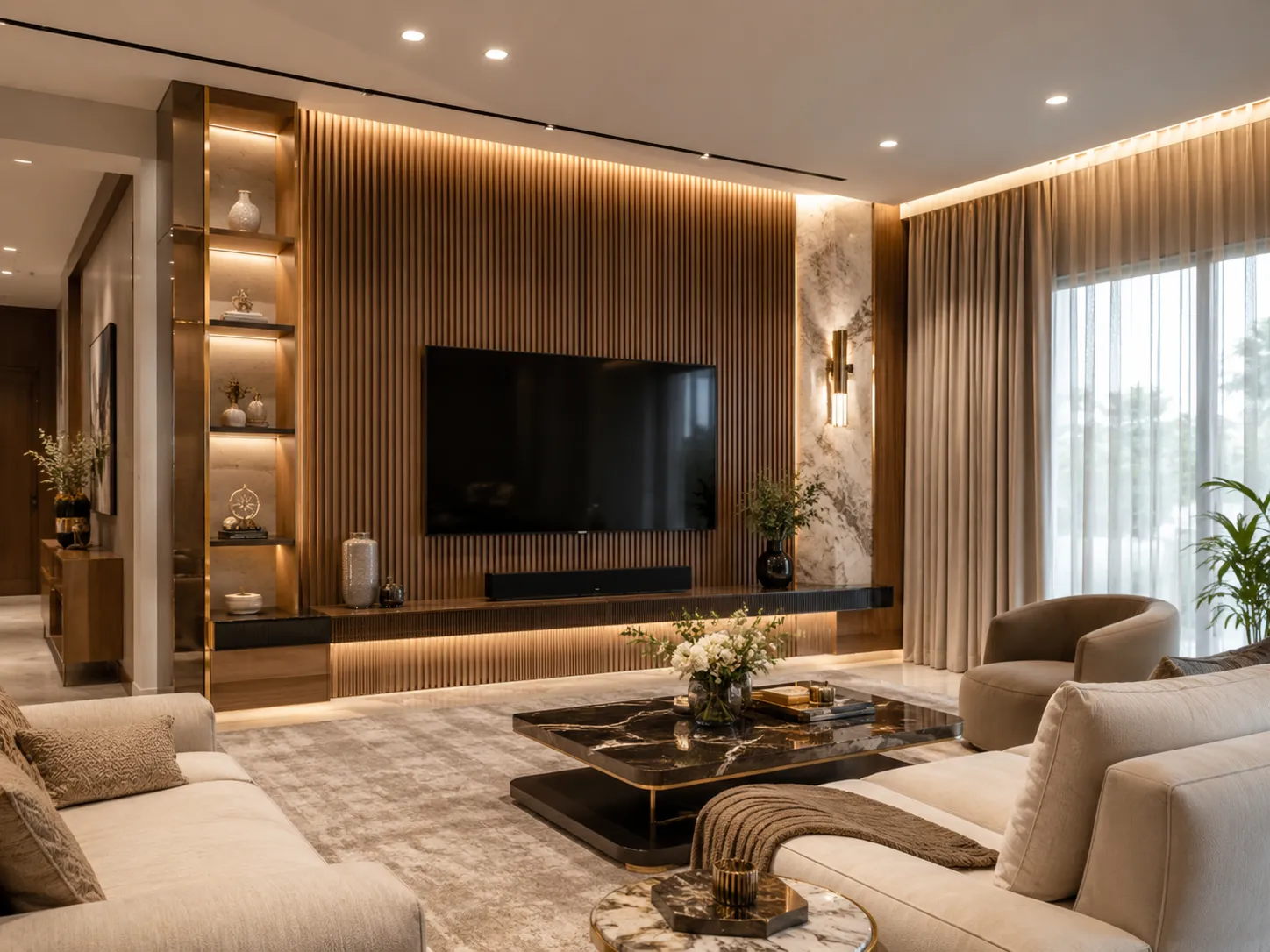 Medium-dark fluted wood TV wall with asymmetrical design, featuring illuminated display shelves on the left and a white marble accent pillar on the right.