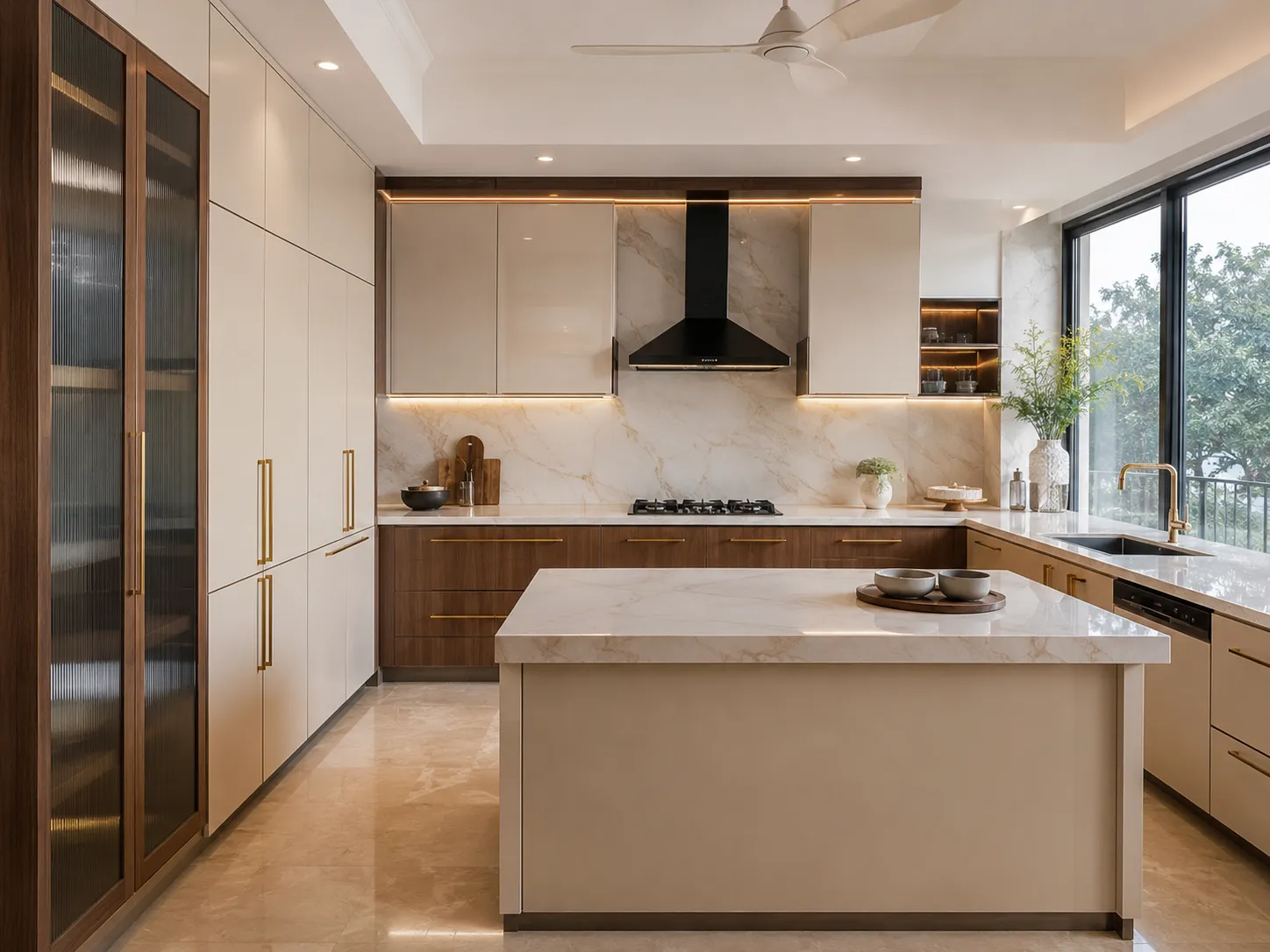 Close-up of a modular kitchen showing a black chimney, marble-veined backsplash, beige upper cabinets, and wood-finish lower drawers.