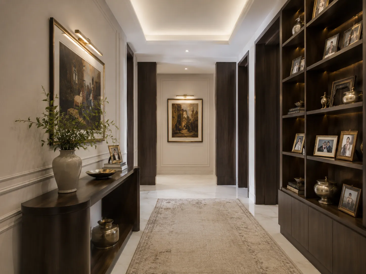 Luxury hallway with a marble floor, traditional runner rug, dark wood console table, and a classical painting illuminated by a brass picture light.