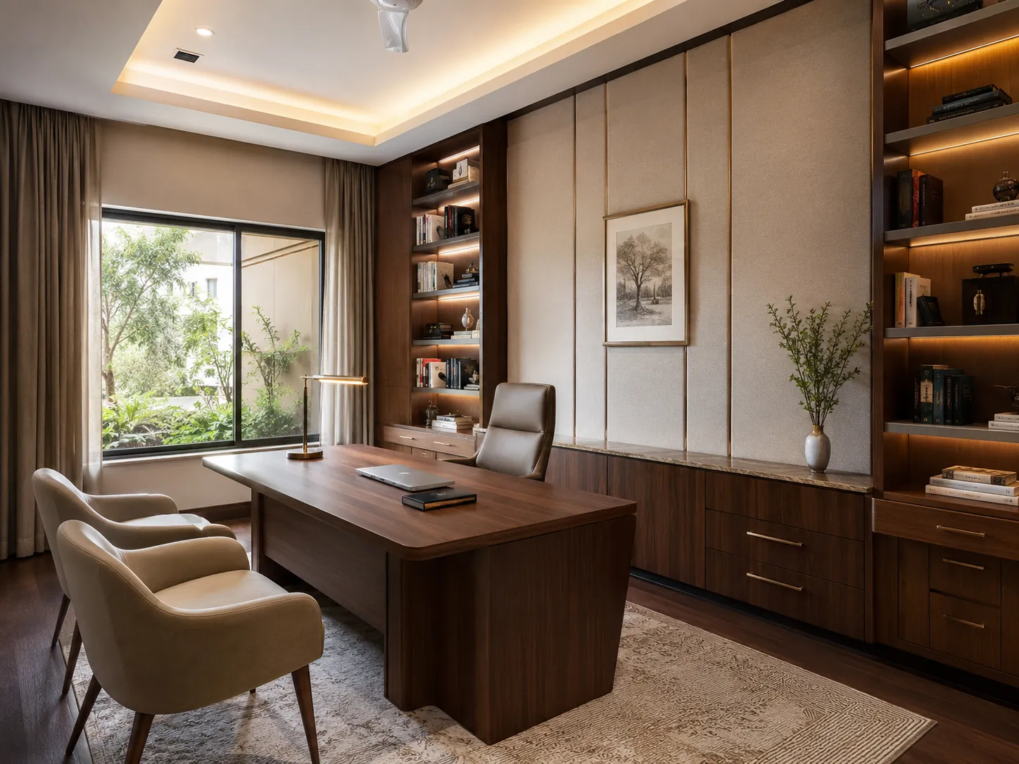 Close up of a luxury executive study showing a dark wood desk, beige guest chairs, and fabric wall panels with brass inlays next to a window.