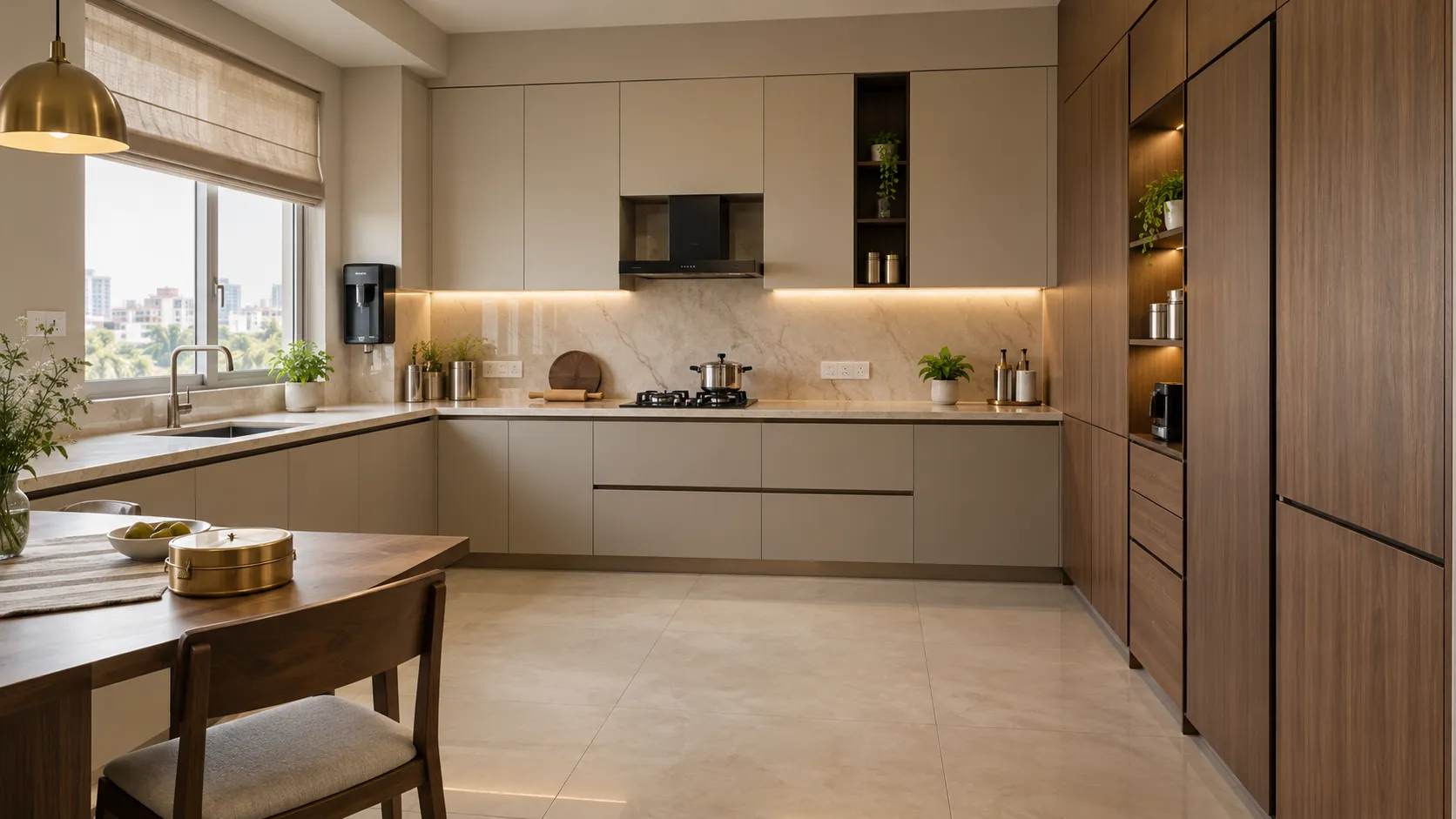 Seamless kitchen design showing closed wooden tall units, an open coffee station niche, and handle-less beige wall cabinets over a marble backsplash.