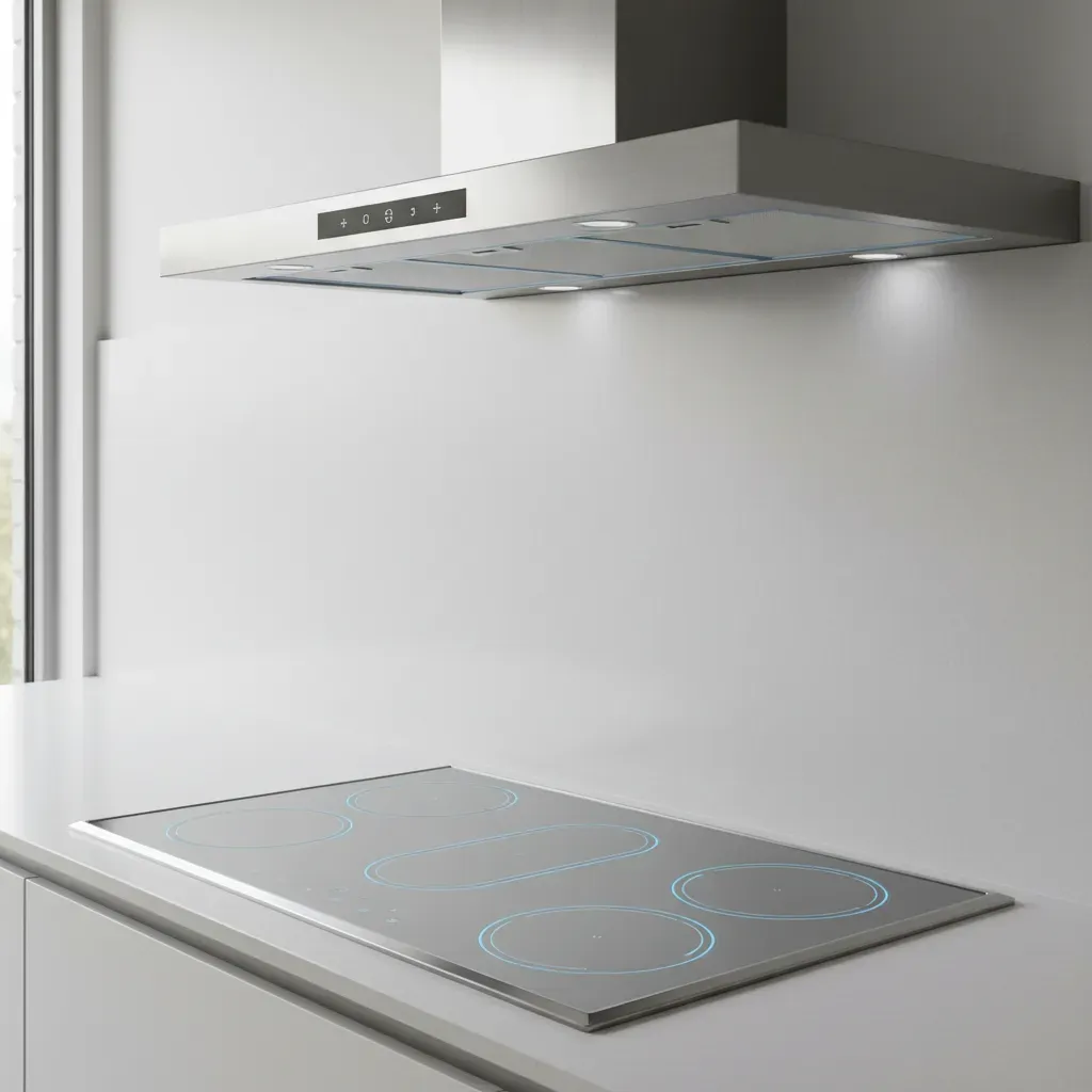 Close-up of a flexible induction hob and minimalist chimney controls in a luxury kitchen.
