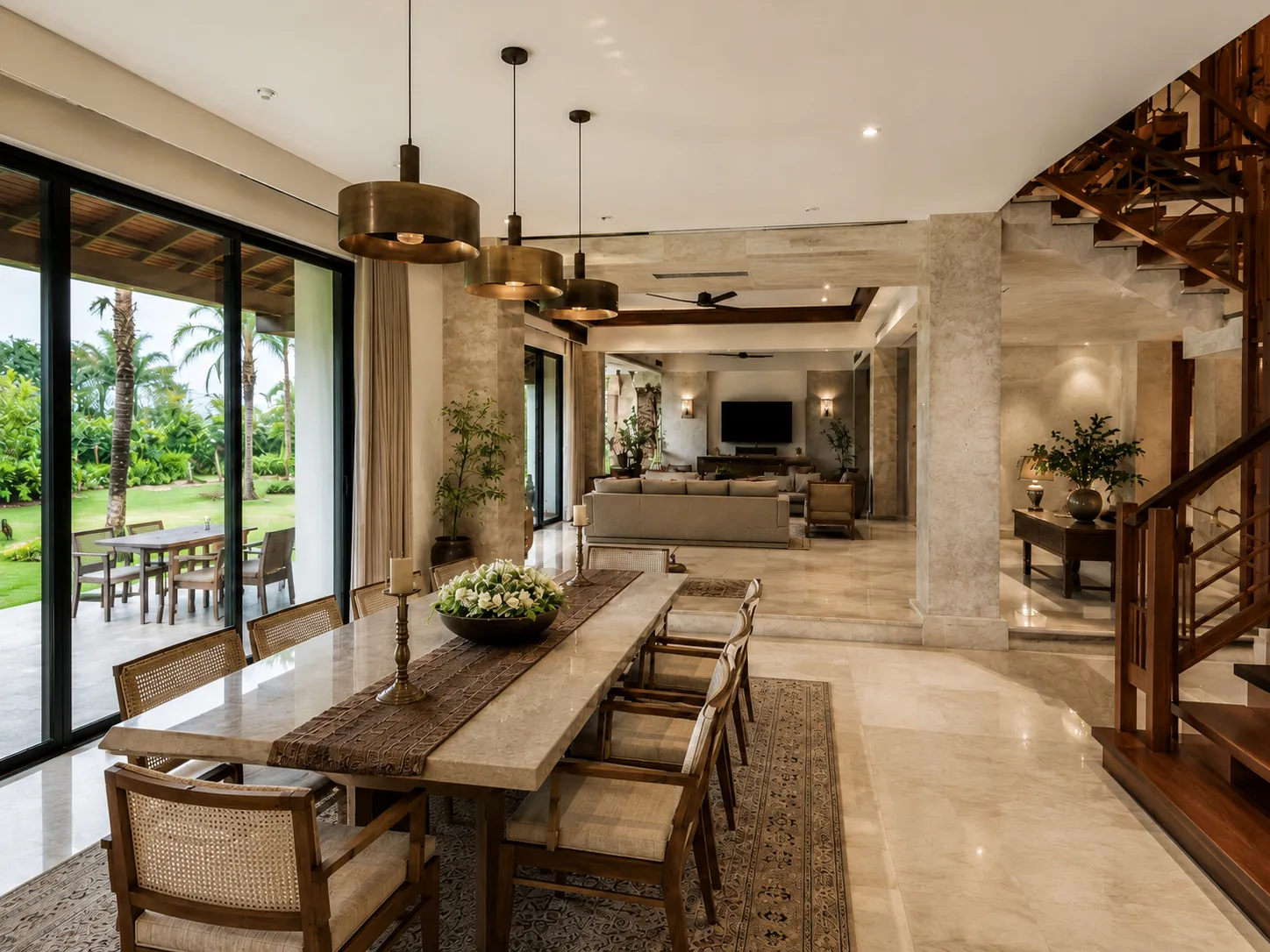 A dining area featuring a long marble table, wooden chairs with cane backs, three brass drum pendant lights, and large glass doors facing a garden.