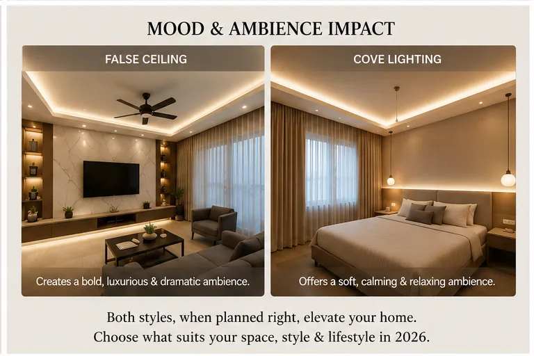 Comparison showing a bold living room with a false ceiling and white marble TV unit, alongside a calming bedroom featuring cove lighting and pendant lamps.