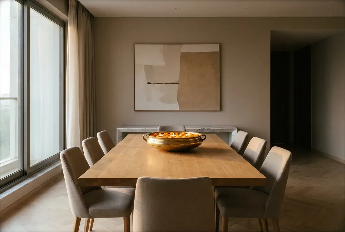 Modern eclectic dining area with solid oak table, minimalist art, and a traditional brass urli centerpiece.
