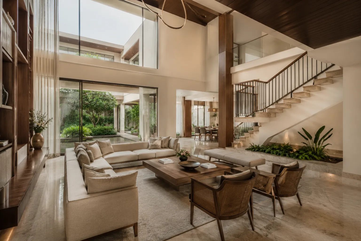 Double-height living room with massive glass windows, an indoor planter under a stone staircase, an L-shaped beige sofa, and woven wooden accent chairs.