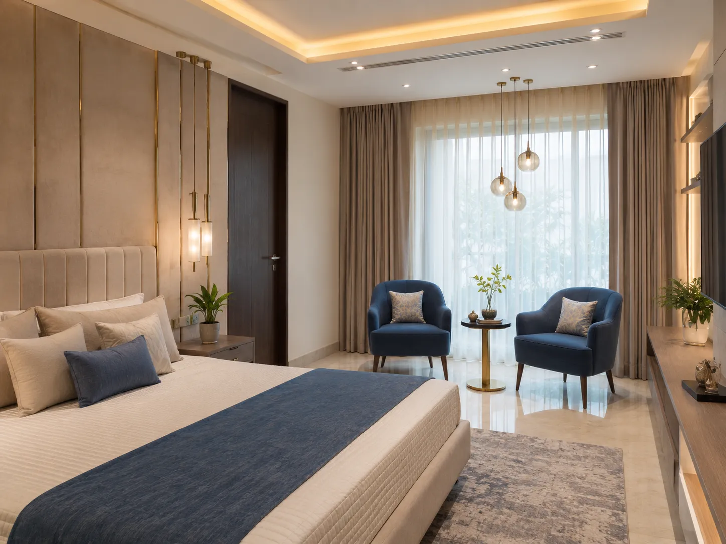 A luxurious bedroom with a beige channel-tufted bed, blue bed runner, and a reading nook featuring two blue velvet armchairs beside a window.