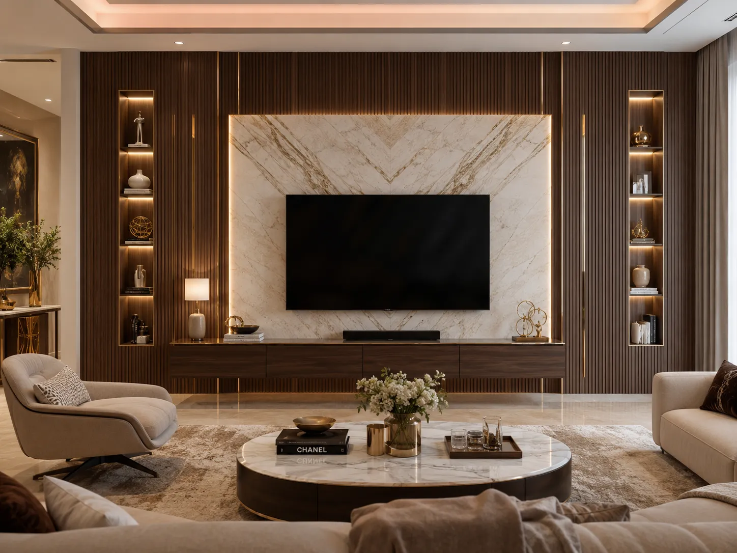 Symmetrical dark wood fluted TV wall with a central veined marble panel, twin illuminated vertical shelving niches, and a dark wood floating console.