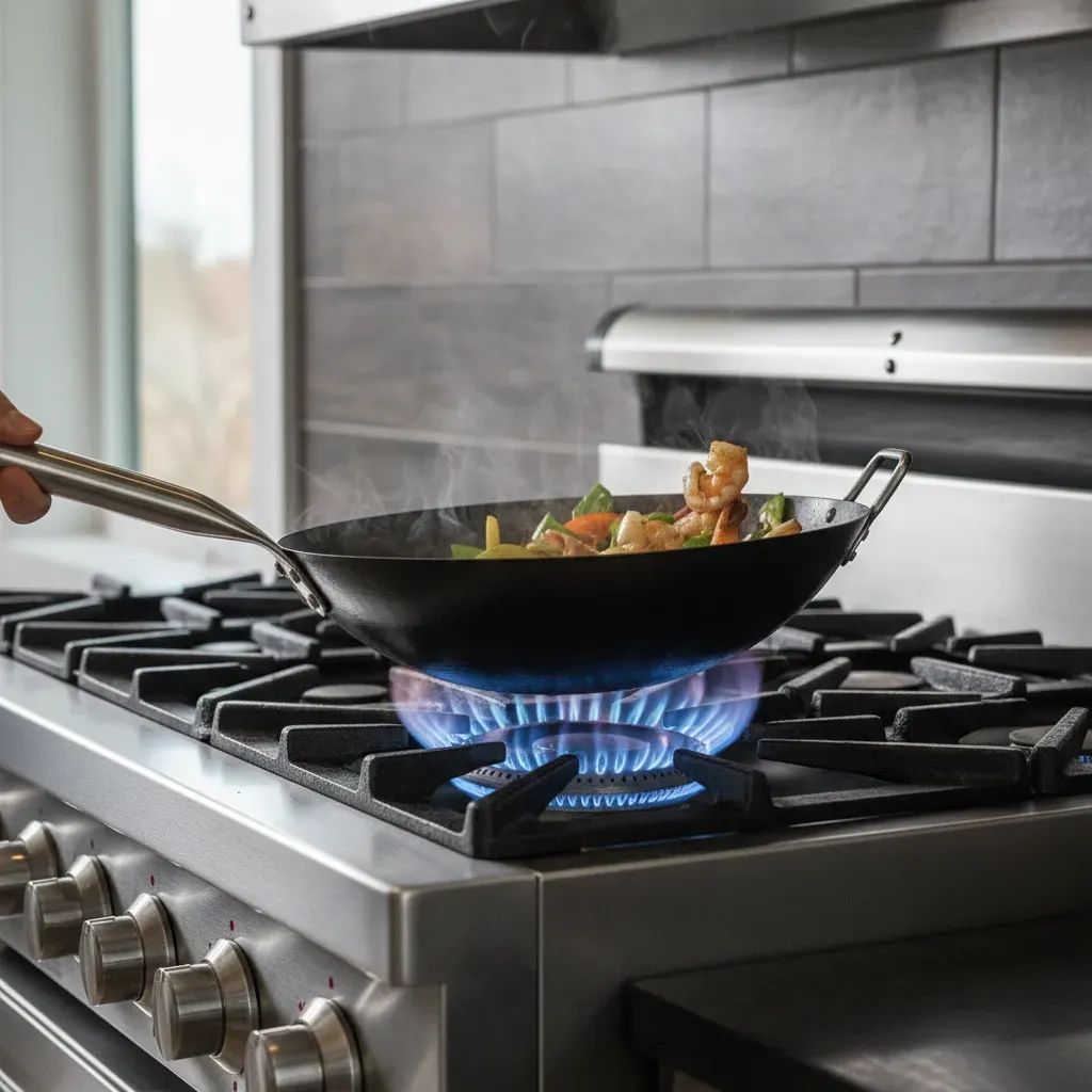 A professional gas hob with a wok burner in use under a powerful chimney.