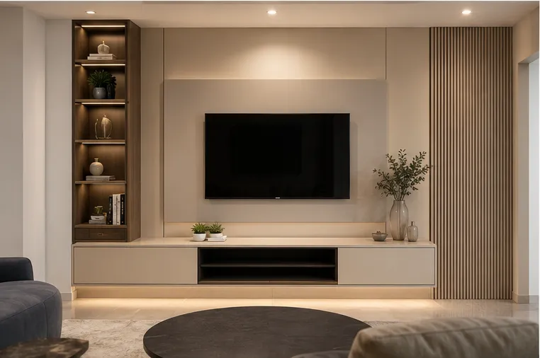 Contemporary TV unit with a matte beige back panel, a vertical wooden fluted section on the right, and tall dark wood shelving with glass inserts and integrated lighting on the left.