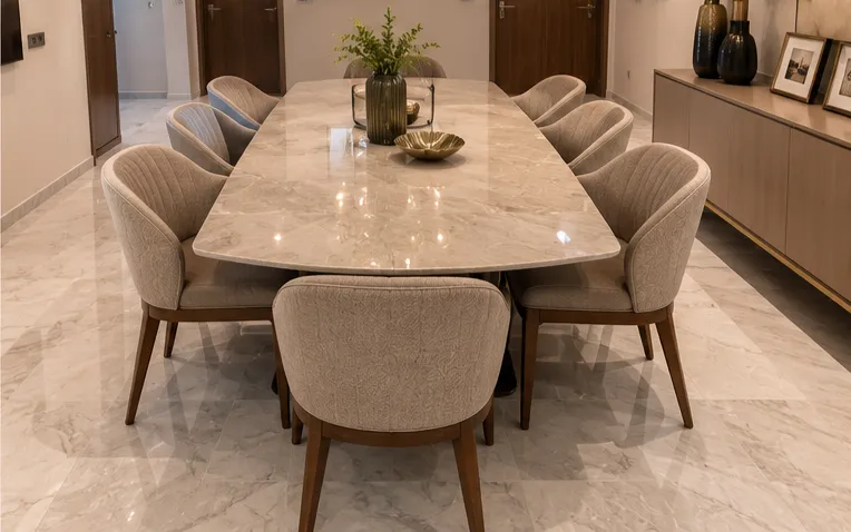 Close-up high-angle shot of a polished marble dining table reflecting a glass chandelier, surrounded by curved, channel-tufted dining chairs with wooden bases.