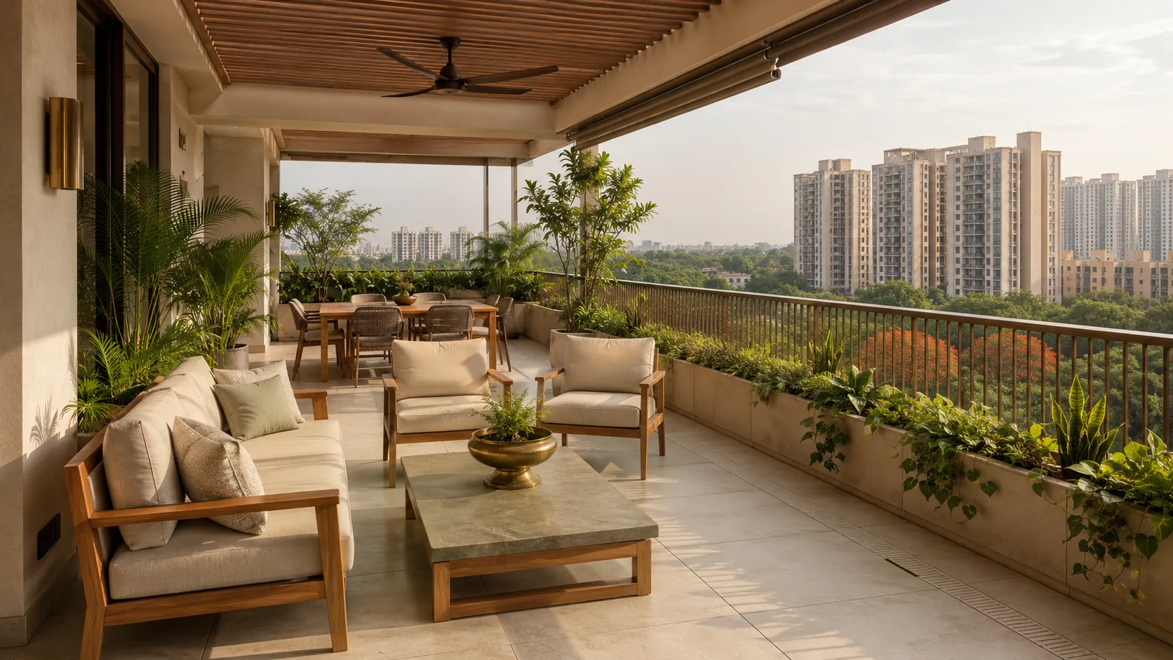Outdoor lounge area with a wooden sofa and armchairs, a stone coffee table, and a dining set in the background on a tiled balcony.