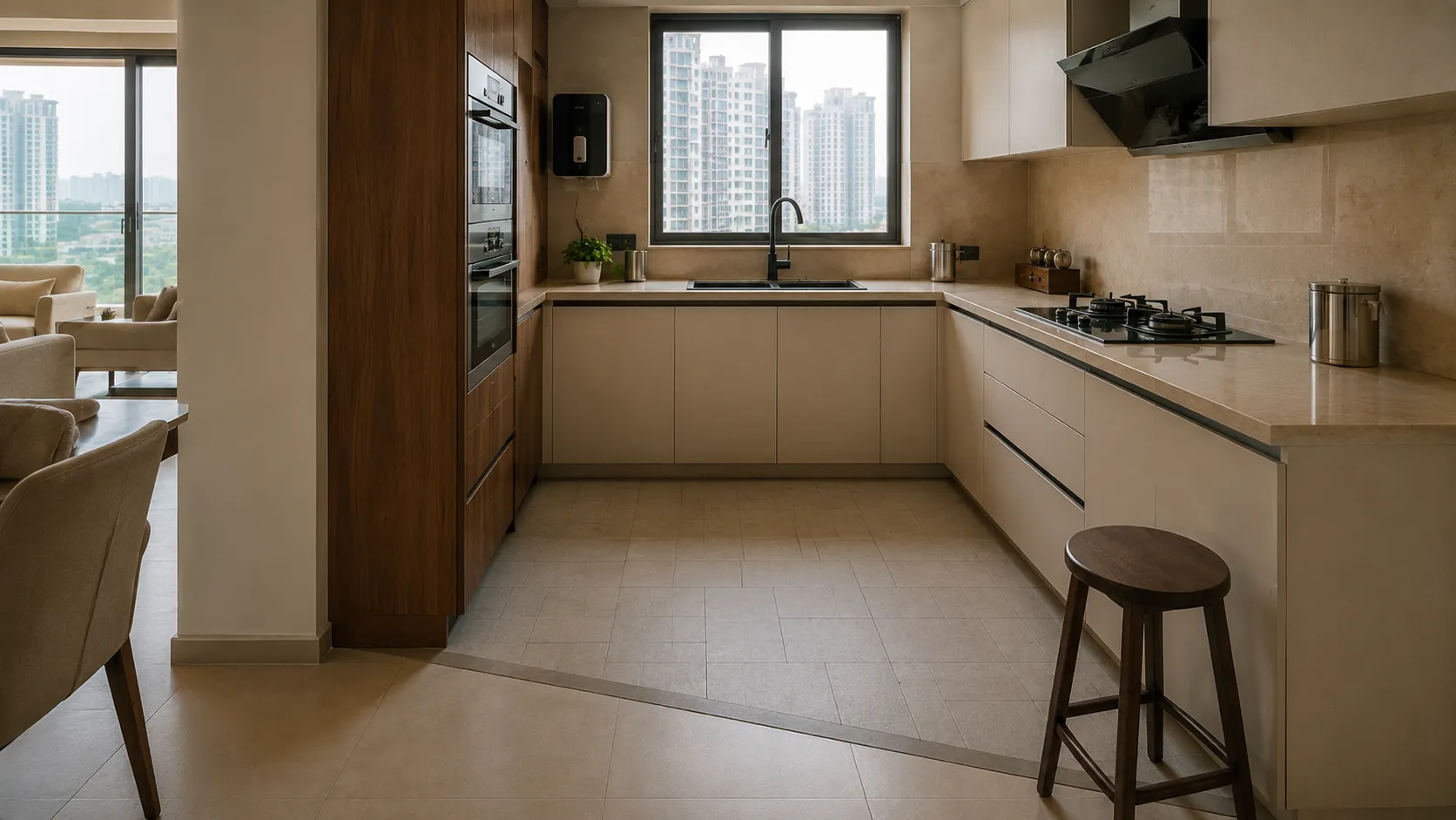 U-shaped kitchen showing a floor transition from large living room tiles to smaller, textured beige tiles.