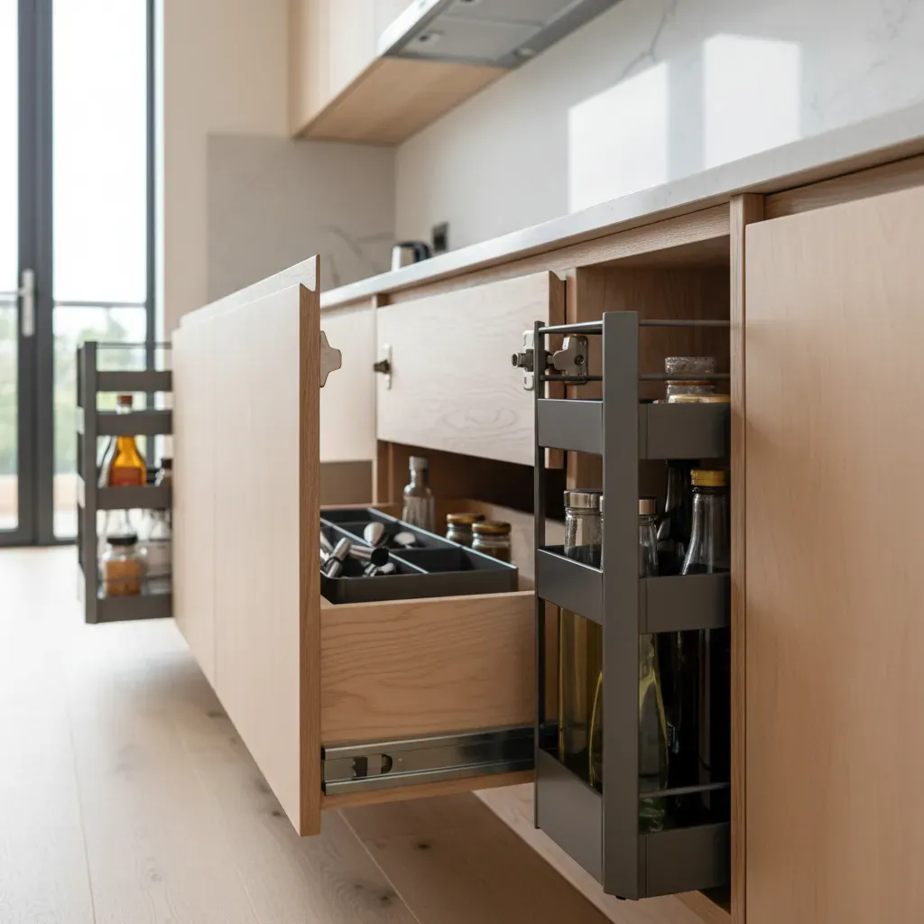 Close-up detail of high-quality hardware and storage in a modular kitchen
