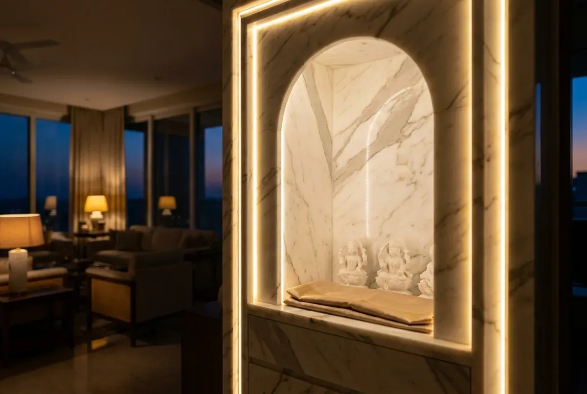Backlit Calacatta Gold marble mandir niche glowing with warm integrated LED light.
