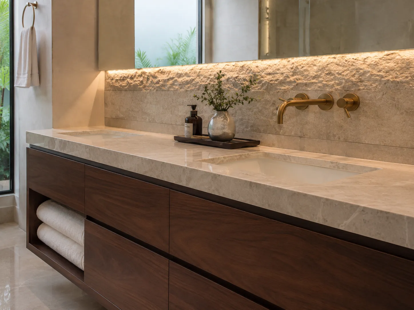 Close-up of a dark wood floating double vanity with a beige marble countertop, wall-mounted brass faucets, and a textured split-face stone backsplash illuminated by LED lighting.
