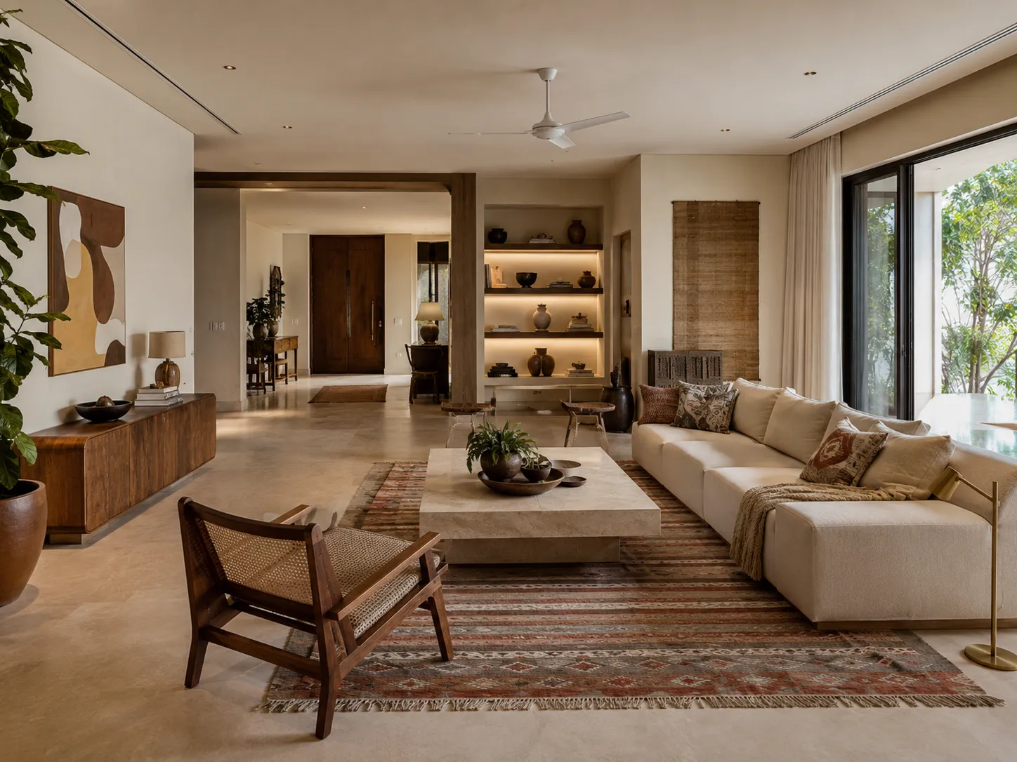 A warm, sunlit living space showing a large square stone coffee table, a mid-century style cane lounge chair, a wooden credenza, and abstract mustard and brown wall art.