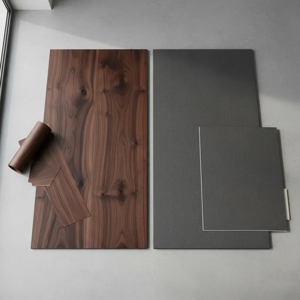 Comparison of a natural wood veneer finish and a premium decorative laminate finish for wardrobes