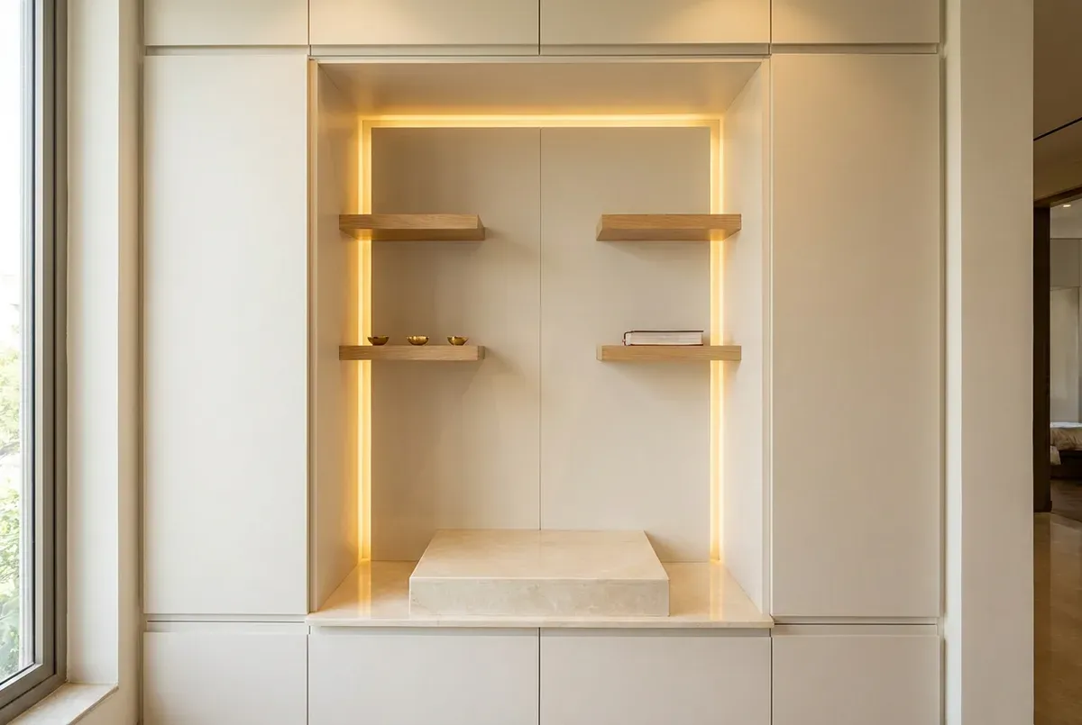 A modern, Vastu-inspired pooja niche with white cabinetry, marble altar, and integrated lighting.