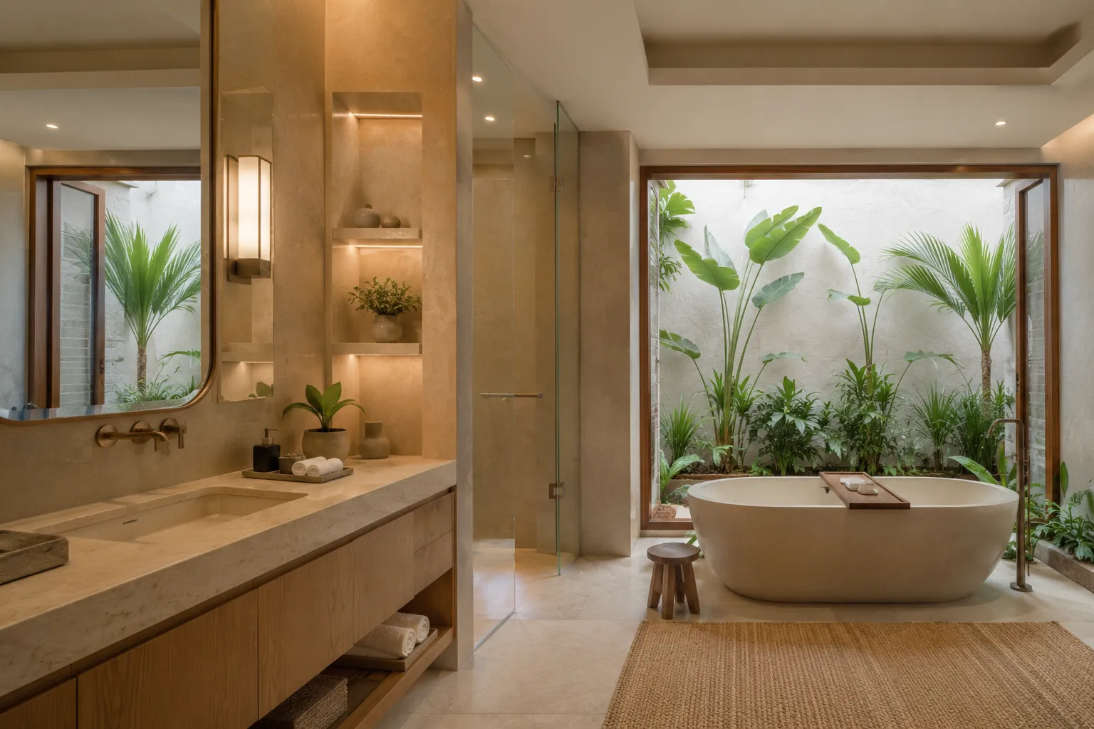 A bathroom featuring a freestanding white bathtub positioned next to a large window looking into a private indoor garden with tropical plants. A stone vanity with wooden drawers is on the left.