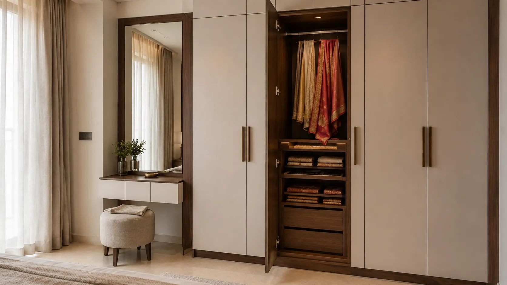 Floor-to-ceiling beige bedroom wardrobes with long brass handles, featuring an open door revealing dark wood interiors and an attached vanity mirror.