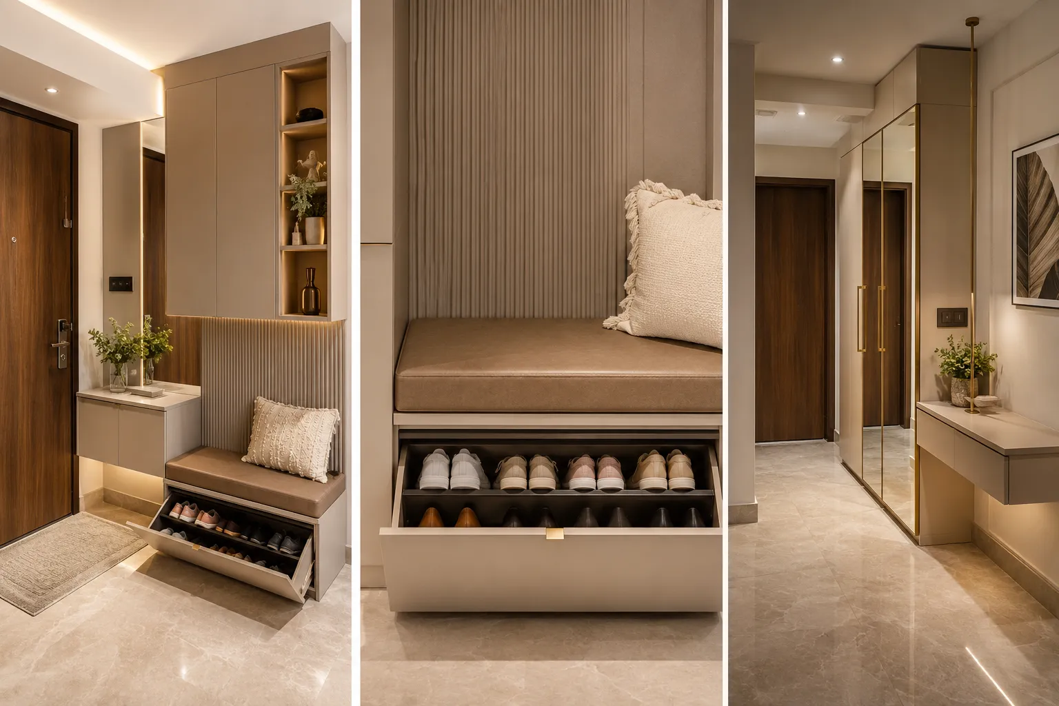 Foyer design featuring a floating drawer console, open lit shelving with decor, a pull-down shoe drawer beneath a bench, and a tall mirrored wardrobe unit.