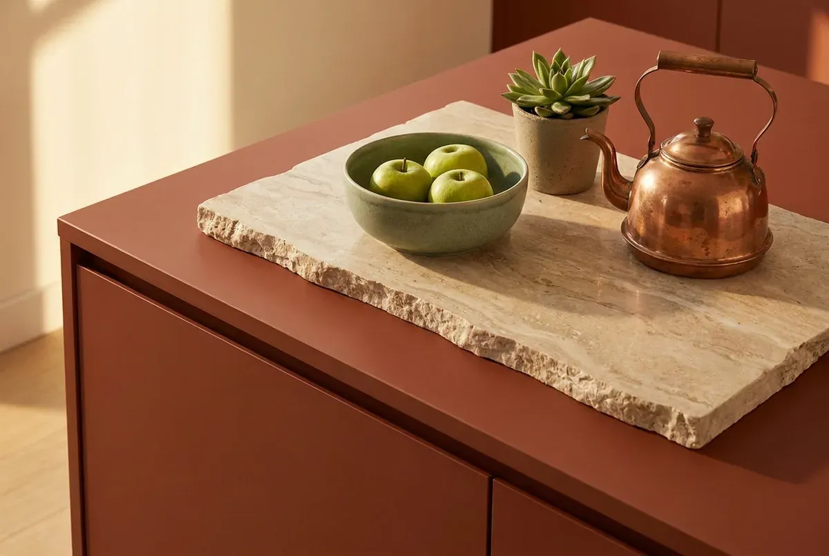 Earthy color palette vignette with terracotta island, honed marble, sage green ceramic, and copper accents