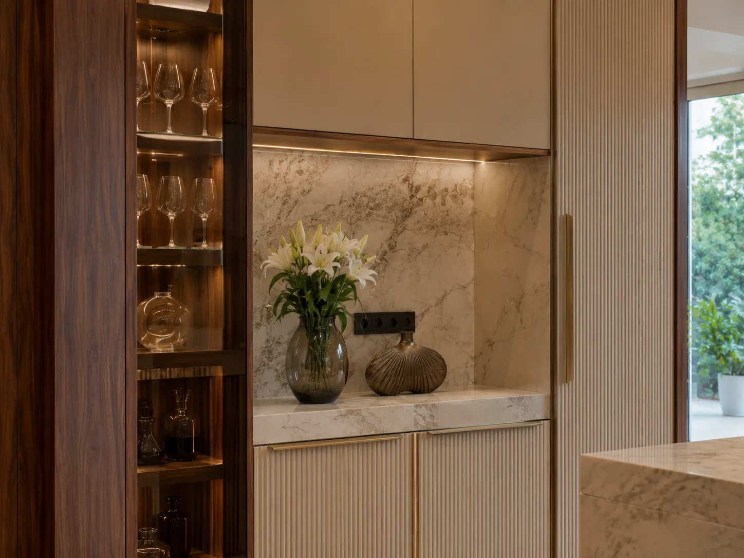 Custom built-in bar cabinet featuring dark wood shelving, glass racks, LED lighting, a marble backsplash, and fluted beige lower cabinets with brass handles.