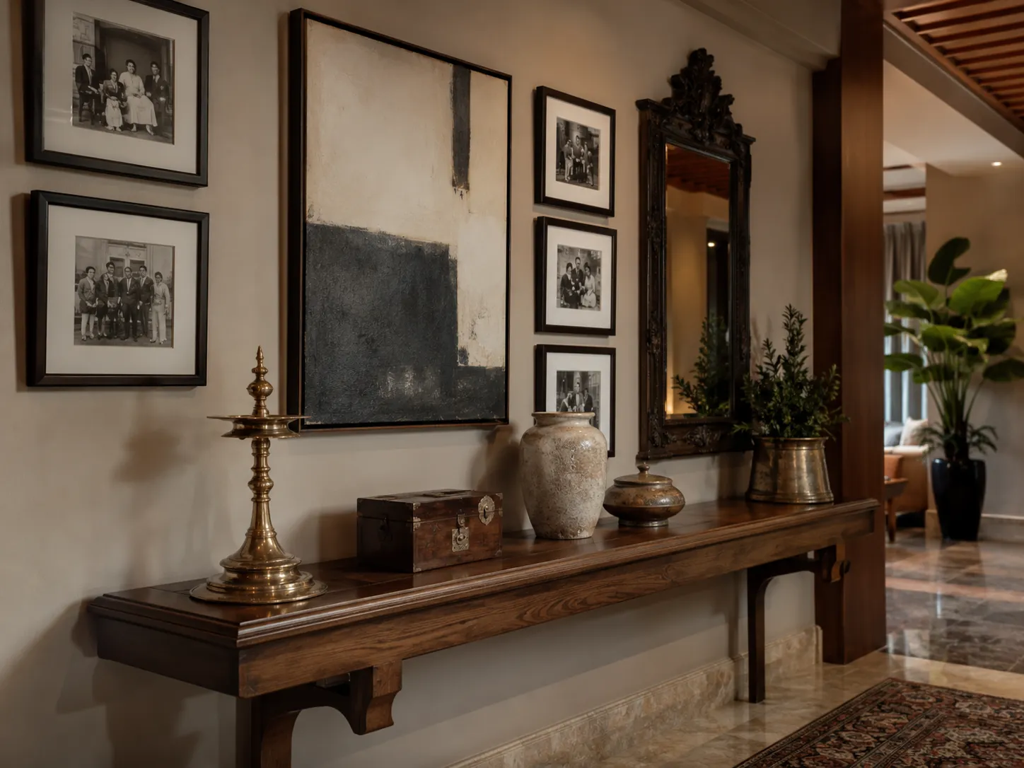 A long dark wood console table displaying a tall brass lamp and a wooden box, set against a wall with black-and-white family photos and a large abstract painting.