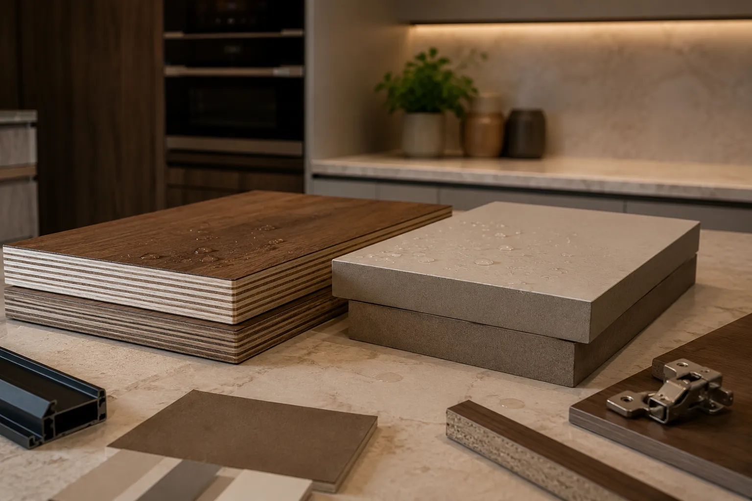 Close-up of material samples on a stone countertop, showing a layered plywood core and a solid board core, both with water droplets on their surfaces, alongside metal hinges and profile handles.