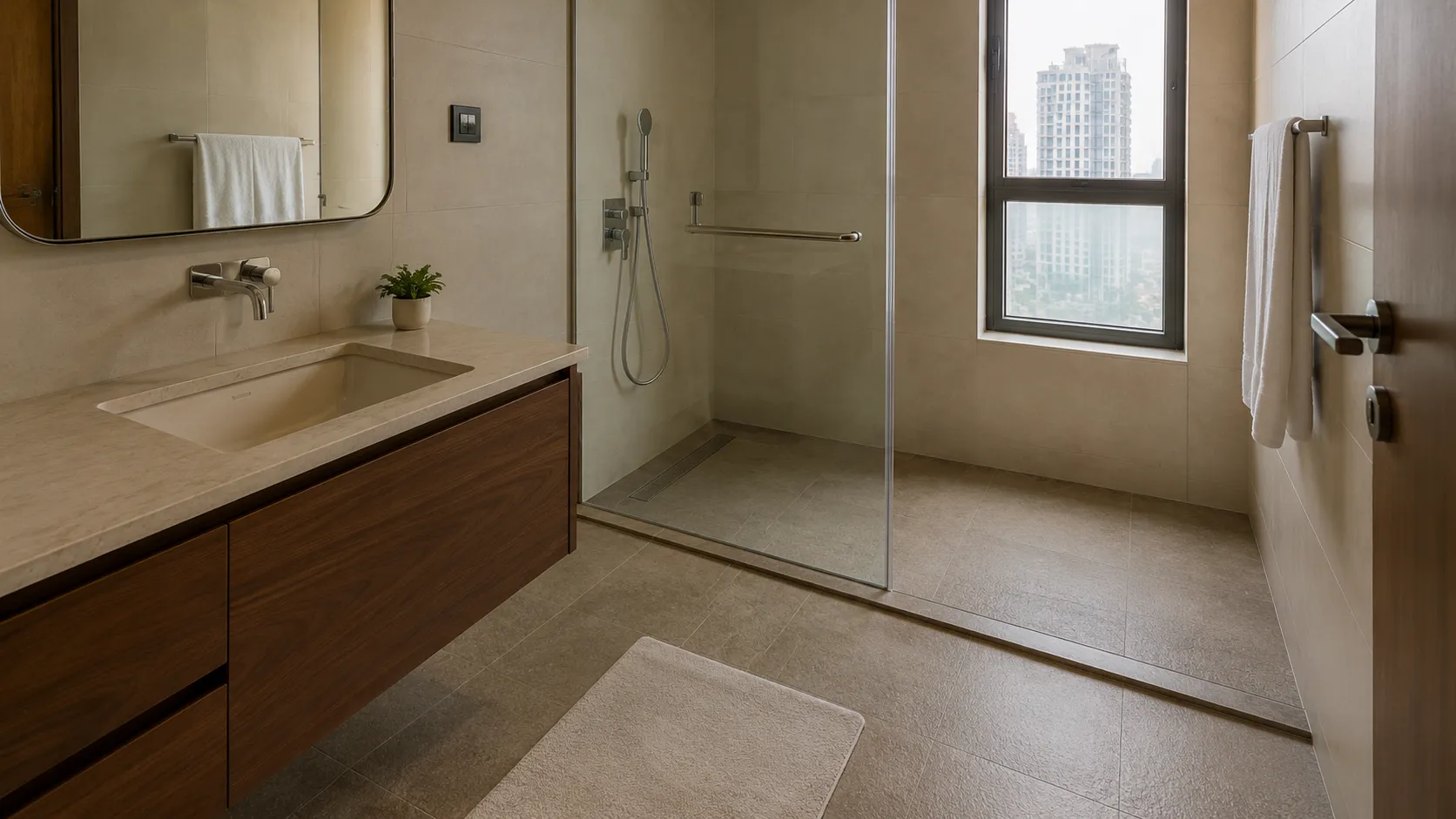 Contemporary bathroom with textured, anti-slip floor tiles, a glass shower enclosure, and a floating wooden vanity.