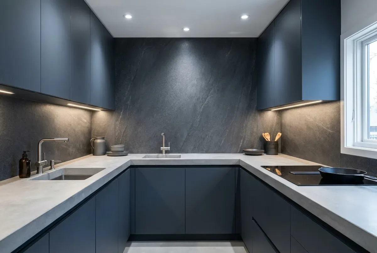 Durable material combination of matte slate blue laminate, textured porcelain splashback, and microcement countertop