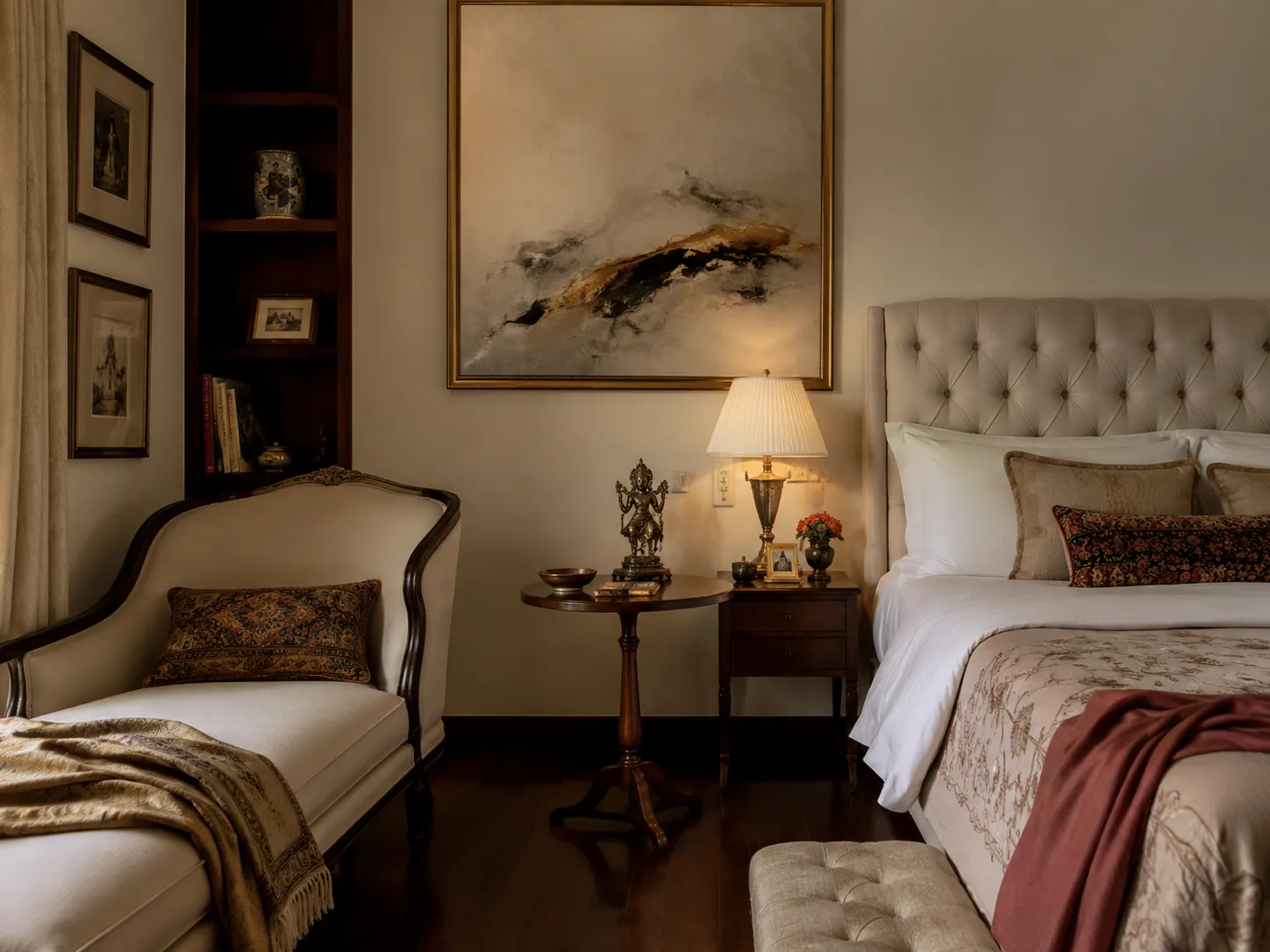 A bedroom with a tufted cream headboard, a classic curved chaise lounge, a round side table holding a brass statue, and an abstract painting in gold and black tones.