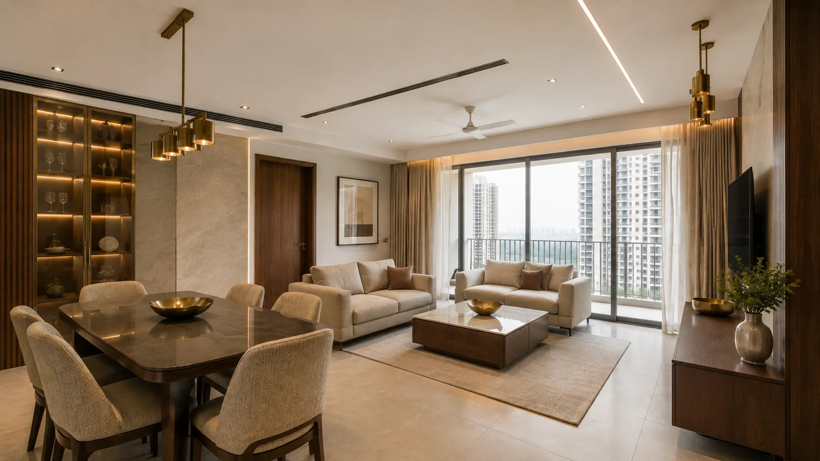 Spacious living and dining area featuring a built-in glass display cabinet, marble coffee table, beige seating, and a large balcony overlooking high-rise buildings.