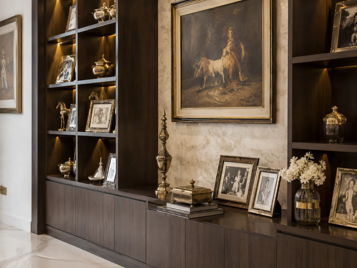 Close-up of a dark wood display unit featuring a central classical painting against a marble backing, surrounded by shelves holding brass urns and framed black-and-white family photos.
