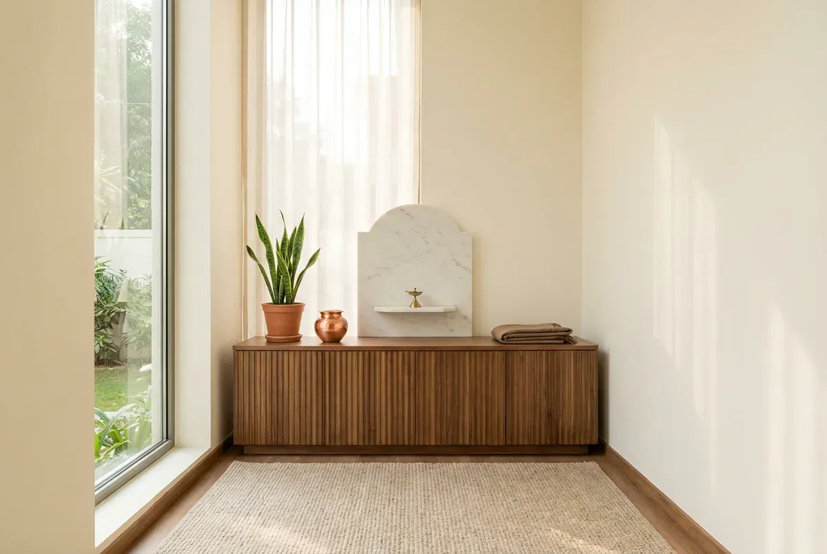 Wide view of a pooja room with cream walls, sand beige rug, and warm natural light showcasing the 2026 colour palette.