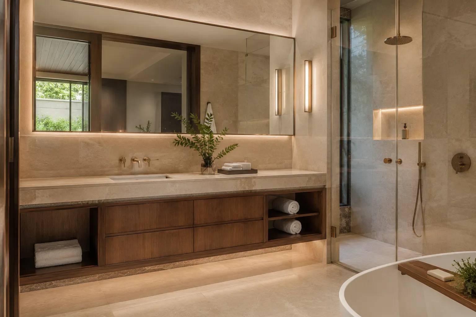Luxury bathroom with travertine walls, a floating wooden vanity with double sinks, a glass shower enclosure, and a freestanding tub.