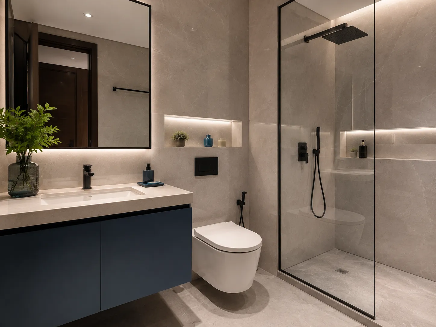 A modern bathroom with grey stone tiles, a floating blue vanity, an illuminated mirror, and a glass shower enclosure with black fixtures.