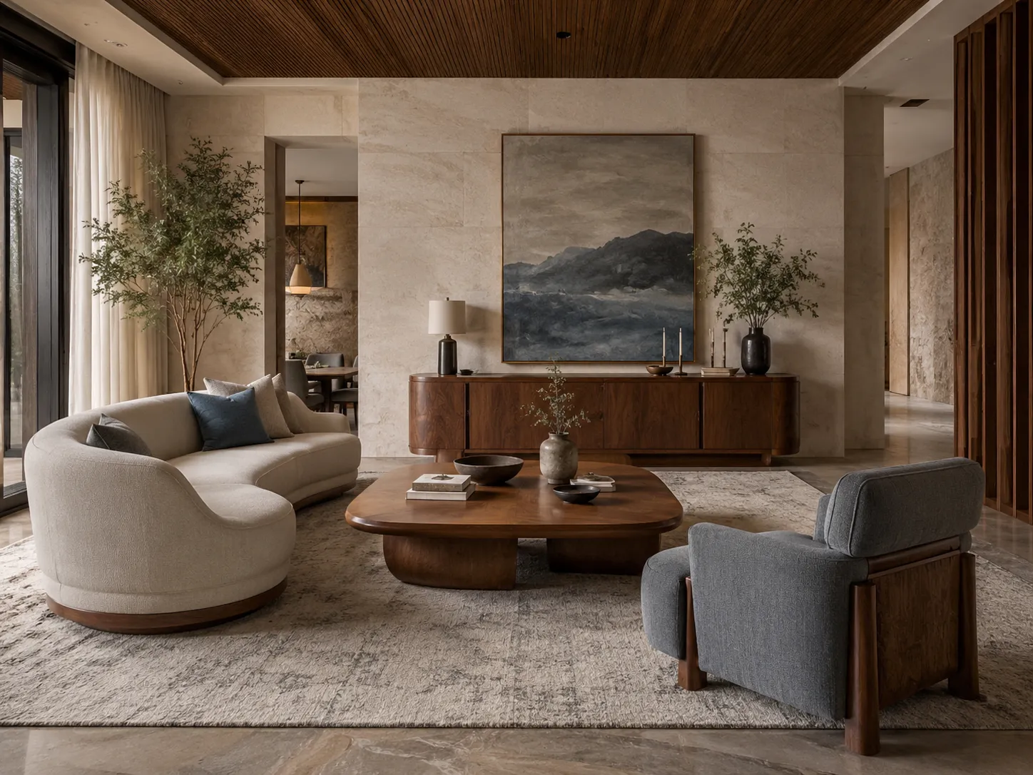 Elegant living room interior with curved seating, wood ceiling, and stone wall surfaces