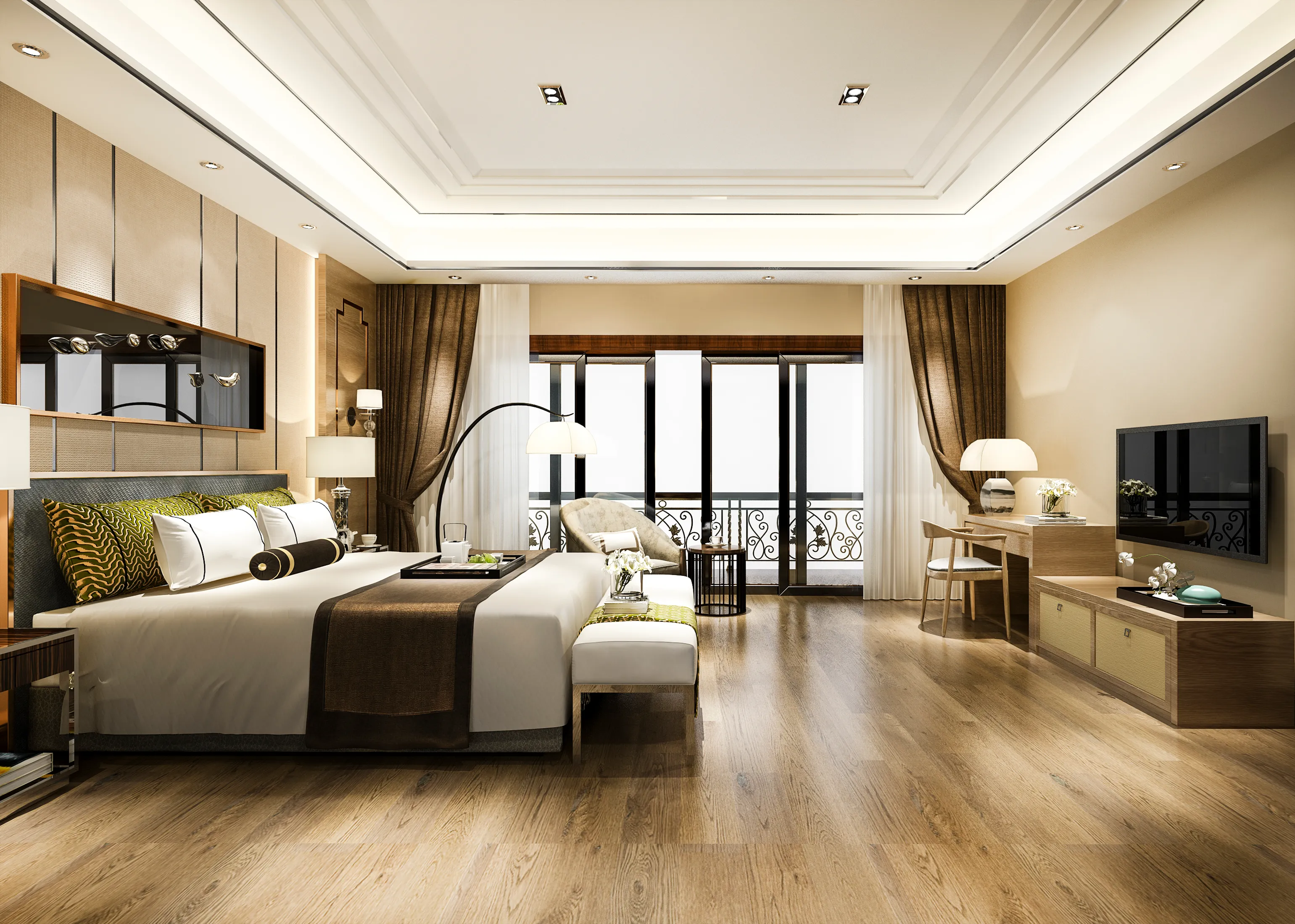 A luxurious modern walk-in custom wardrobe made of natural sustainable wood and glass