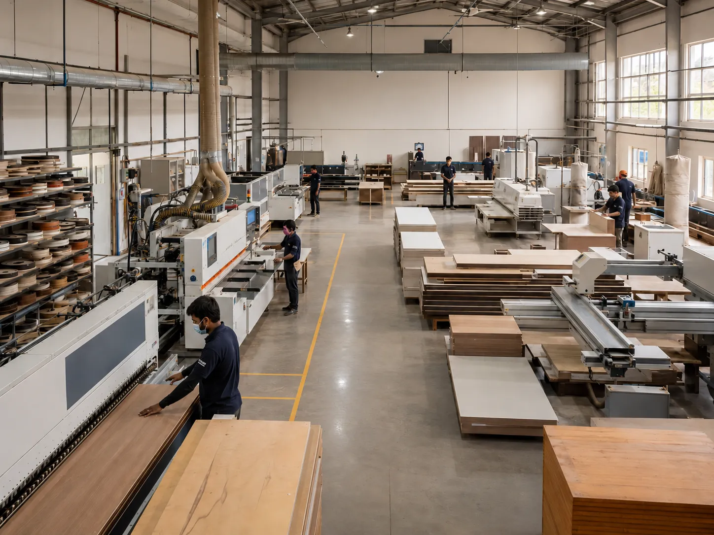 Interior of the Eagle Decor modular furniture manufacturing unit with laminated panels and machinery